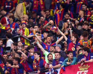 Soccer Football - Champions League - Quarter Final - Second Leg - Borussia Dortmund v FC Barcelona - Signal Iduna Park, Dortmund, Germany - April 15, 2025 FC Barcelona fans inside the stadium before the match REUTERS