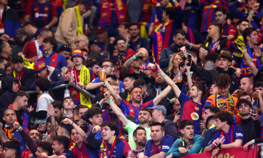 Soccer Football - Champions League - Quarter Final - Second Leg - Borussia Dortmund v FC Barcelona - Signal Iduna Park, Dortmund, Germany - April 15, 2025 FC Barcelona fans inside the stadium before the match REUTERS