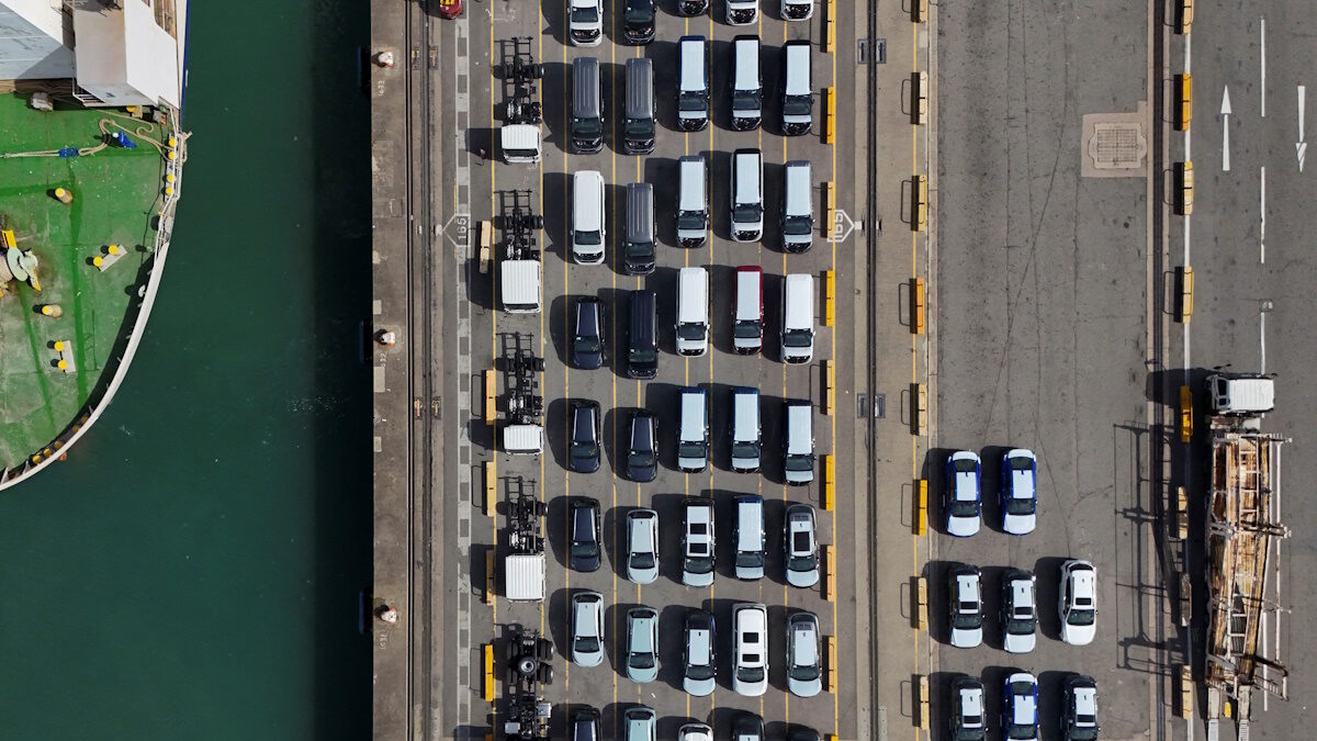 A drone view shows new vehicles at container terminal