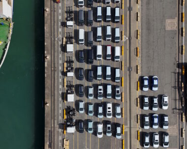 A drone view shows new vehicles at container terminal