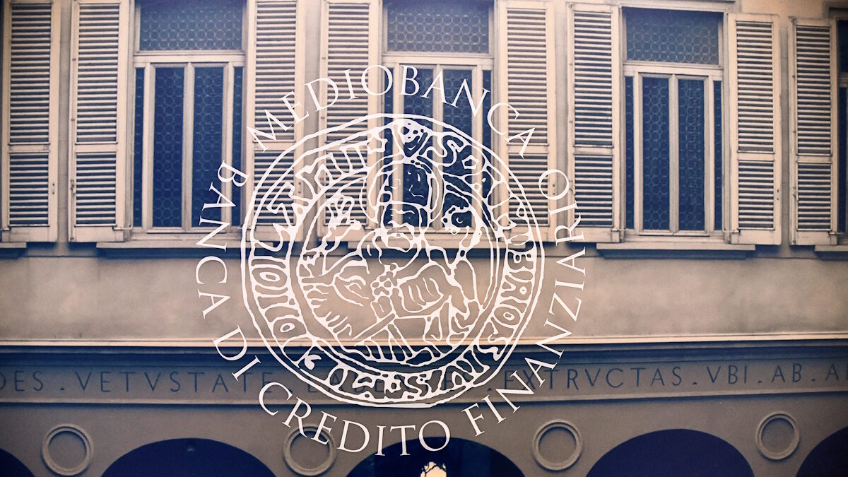 A logo of Mediobanca is pictured at Mediobanca headquarters in Milan