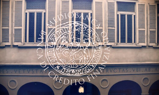 A logo of Mediobanca is pictured at Mediobanca headquarters in Milan