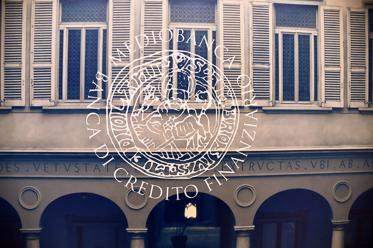 A logo of Mediobanca is pictured at Mediobanca headquarters in Milan