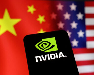 The Nvidia logo and U.S. and Chinese flags