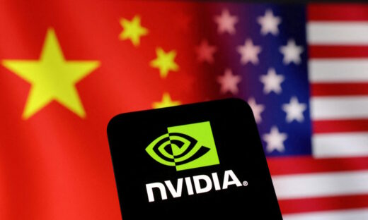 The Nvidia logo and U.S. and Chinese flags
