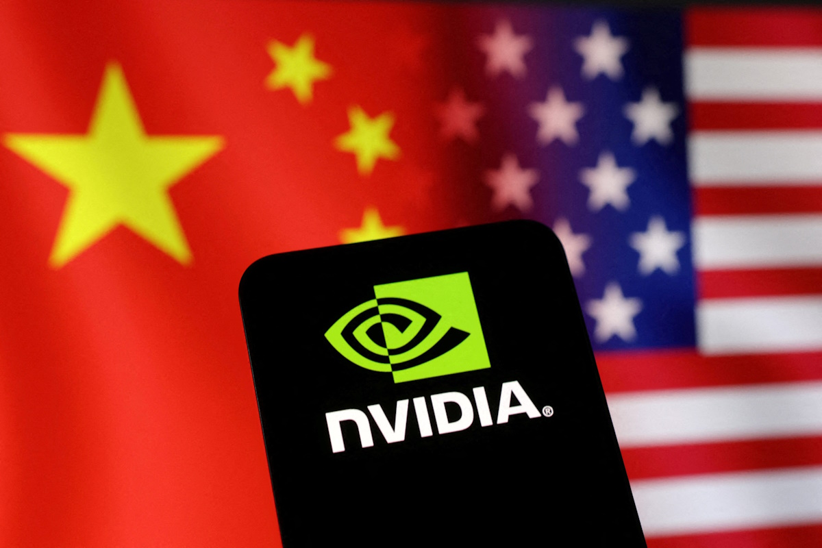 The Nvidia logo and U.S. and Chinese flags