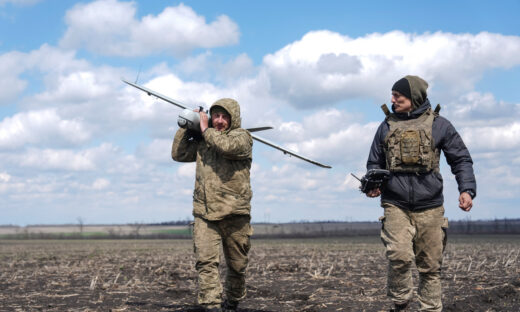 A serviceman of the 68th Oleksa Dovbush Separate Jaeger Brigade of the Armed Forces of Ukraine carries a Leleka reconnaissance unmanned aerial vehicle (UAV) before flying over positions of Russian troops, amid Russia's attack on Ukraine, near the frontline town of Pokrovsk in Donetsk region, Ukraine April 10, 2025. REUTERS