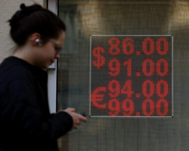 Πίνακας που δείχνει τις συναλλαγματικές ισοτιμίες του αμερικανικού δολαρίου και του ευρώ
