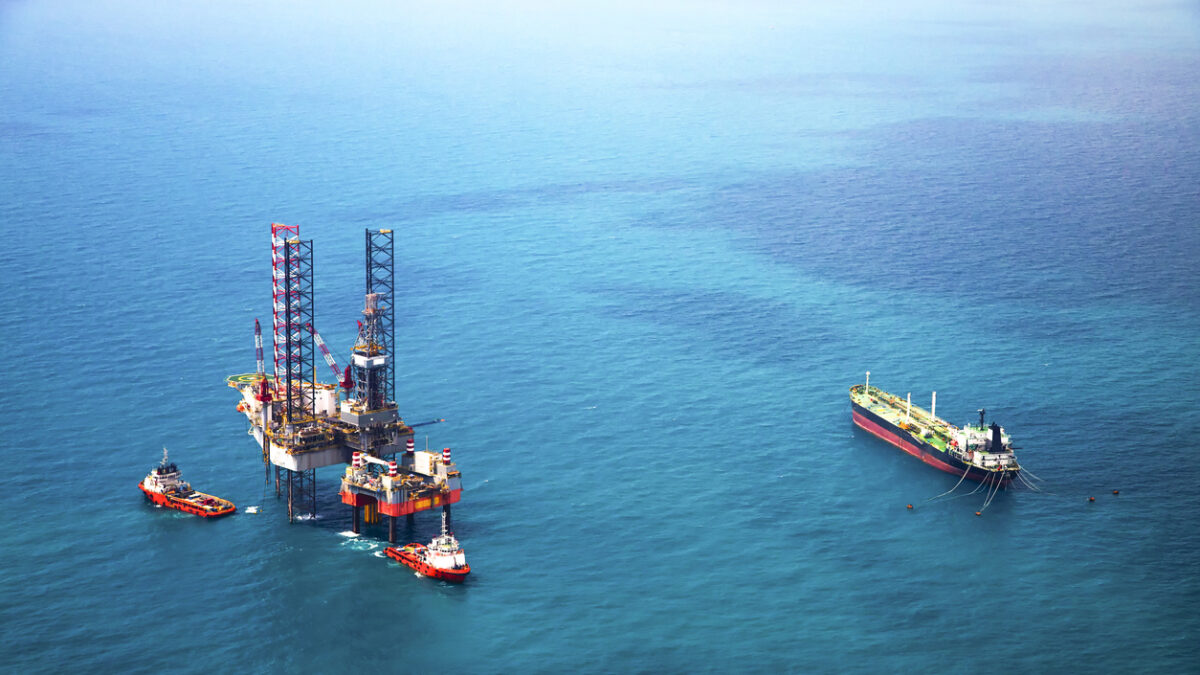 Oil rig in the gulf from aerial view