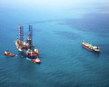 Oil rig in the gulf from aerial view