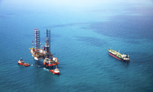 Oil rig in the gulf from aerial view