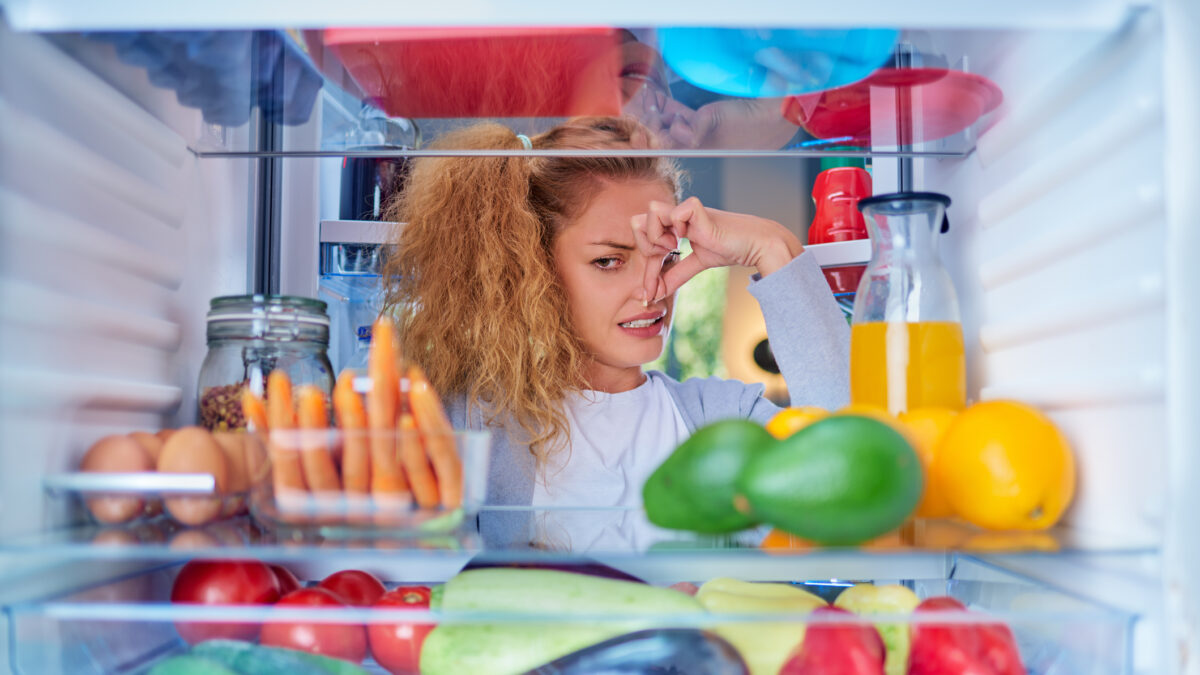 Woman standing in front of opened fridge and holding up to her nose because of bad smell. Picture taken from the inside of fridge full of groceries.