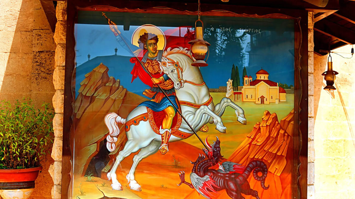 Kfar Cana, Israel - September 21, 2017: Painting of St. George at greek orthodox church of St. George, Kafr Kanna, Israel
