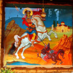 Kfar Cana, Israel - September 21, 2017: Painting of St. George at greek orthodox church of St. George, Kafr Kanna, Israel