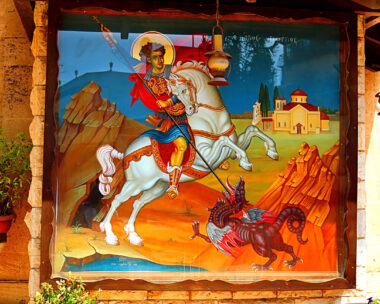 Kfar Cana, Israel - September 21, 2017: Painting of St. George at greek orthodox church of St. George, Kafr Kanna, Israel