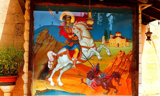 Kfar Cana, Israel - September 21, 2017: Painting of St. George at greek orthodox church of St. George, Kafr Kanna, Israel