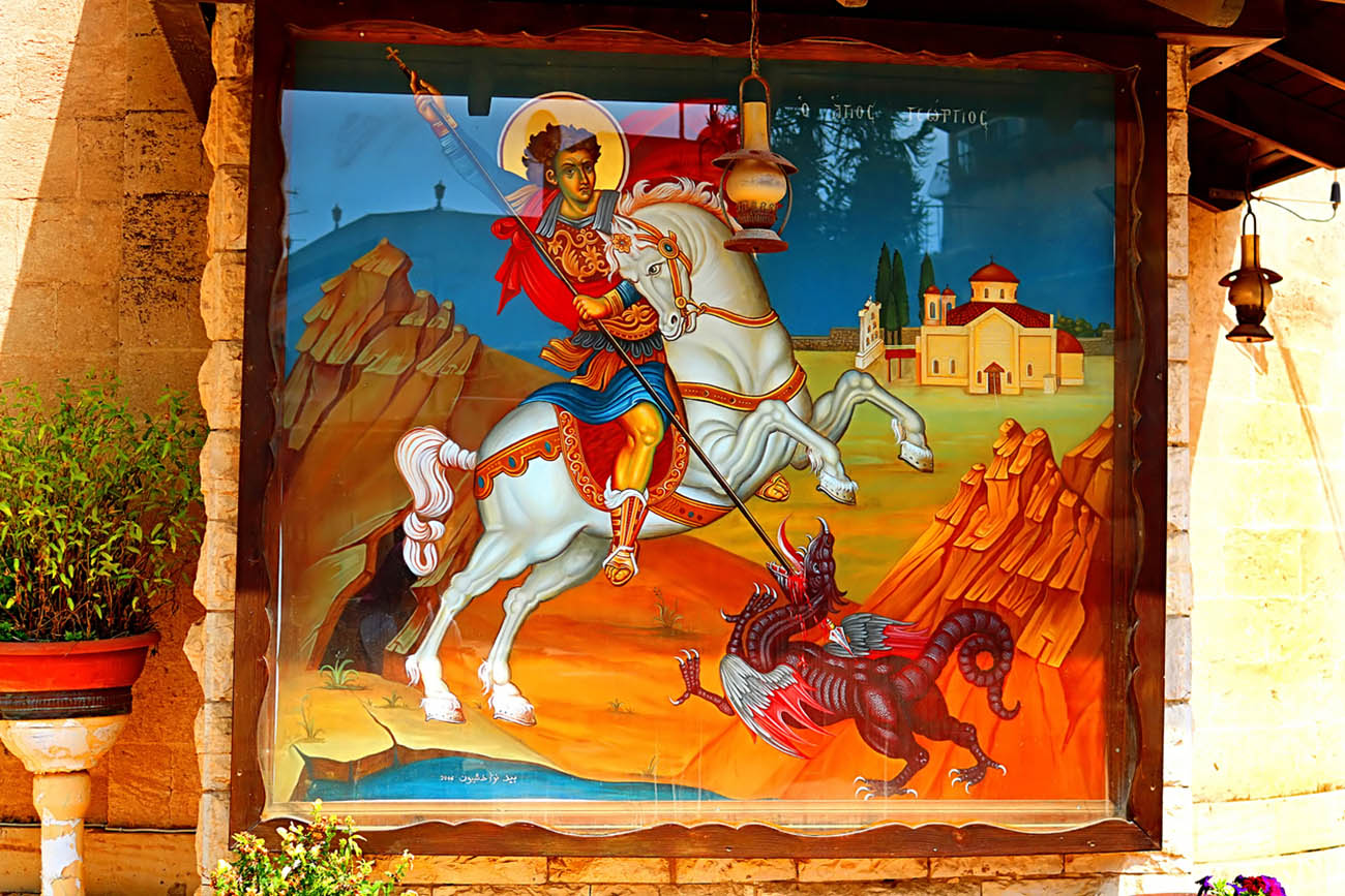 Kfar Cana, Israel - September 21, 2017: Painting of St. George at greek orthodox church of St. George, Kafr Kanna, Israel