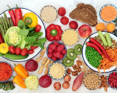 Low glycemic health food for diabetics also high in antioxidants, vitamins, minerals, smart carbs & omega 3 fatty acids. Below 55 on the GI index. Top view on marble.