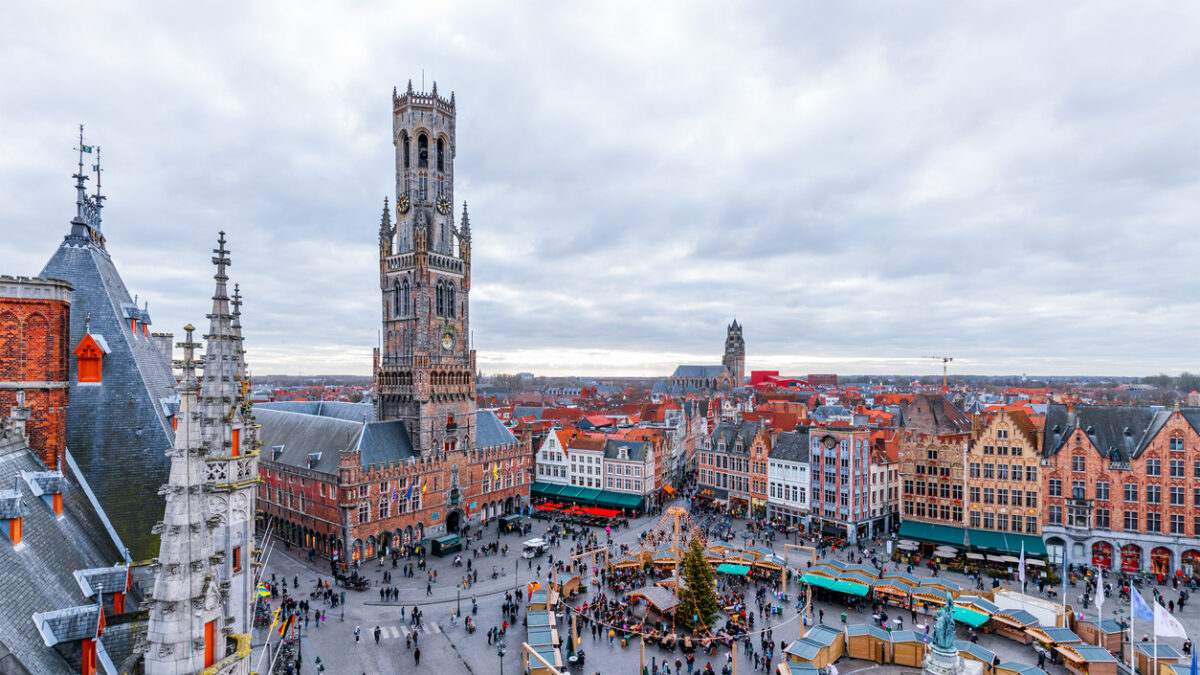 Cityscape and main square in Bruges (Belgium), Belfry Tower