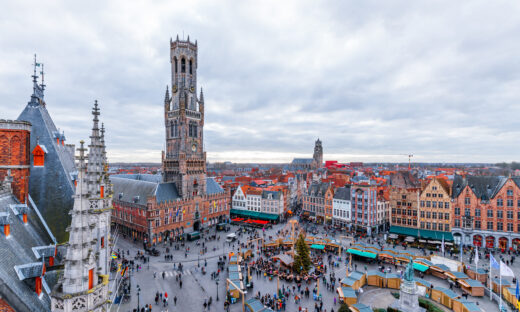 Cityscape and main square in Bruges (Belgium), Belfry Tower