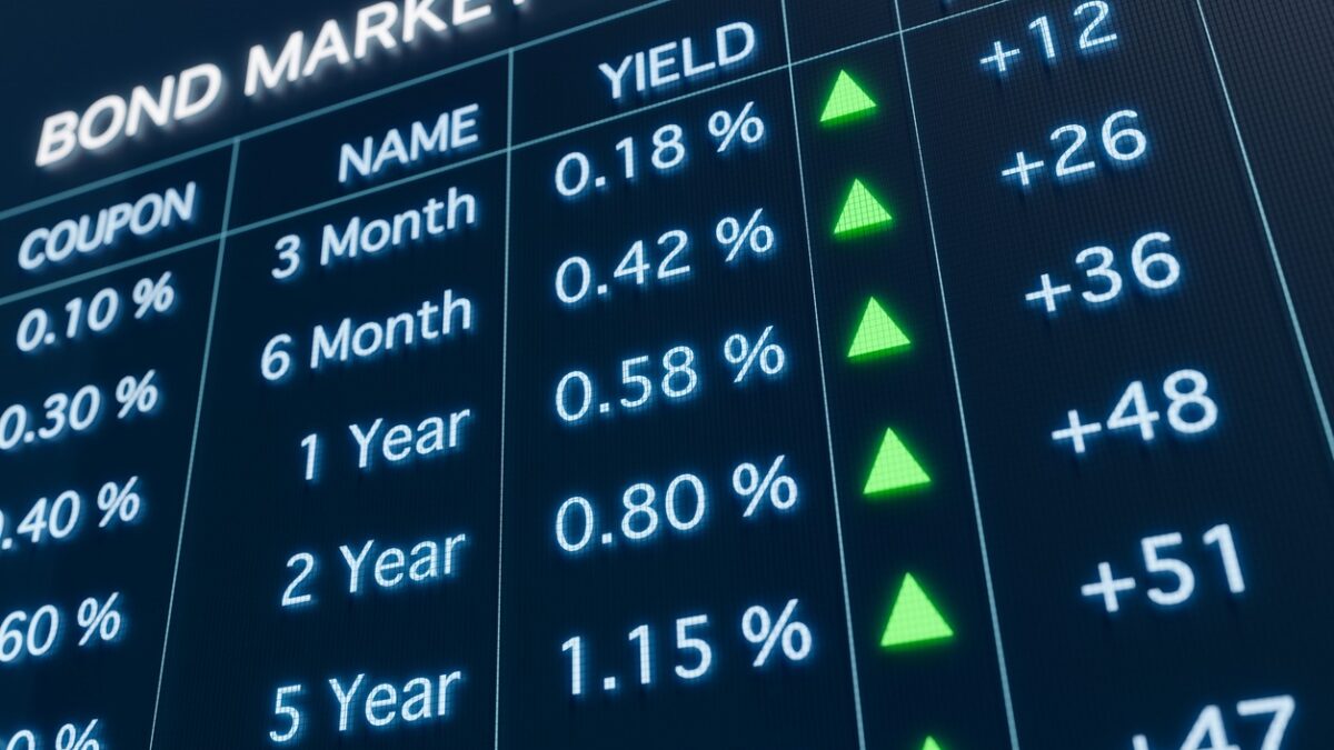 Close-up bond market trading screen with rising yields