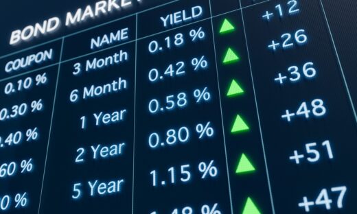 Close-up bond market trading screen with rising yields