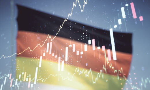 Double exposure of abstract creative financial chart hologram on German flag and blue sky background