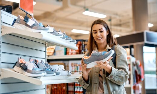 Young happy woman buying sports shoes at shopping mall