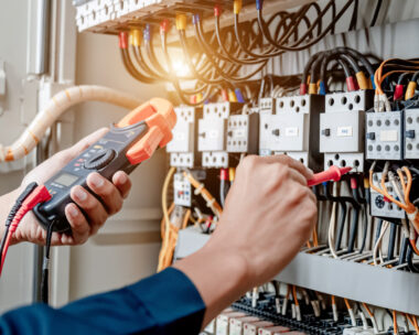 Electrician engineer uses a multimeter to test the electrical installation and power line current in an electrical system control cabinet
