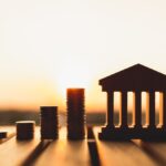 Bank symbol with with coins stack