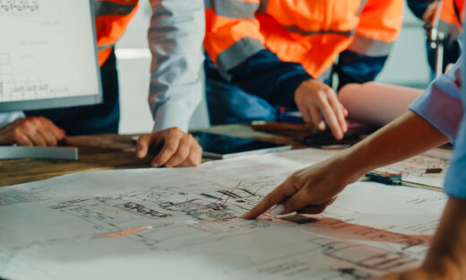 Closeup of team of industrial engineers meeting analyze machinery blueprints consult project