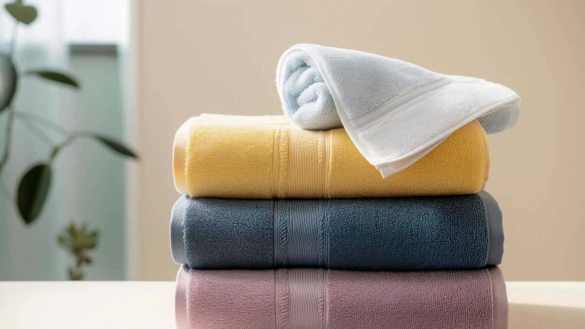 Stack of soft bath towels on table against blurred background. Space for text