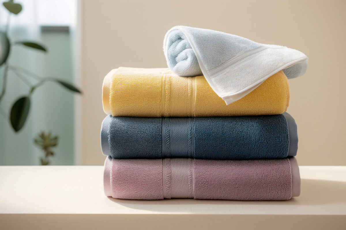 Stack of soft bath towels on table against blurred background. Space for text