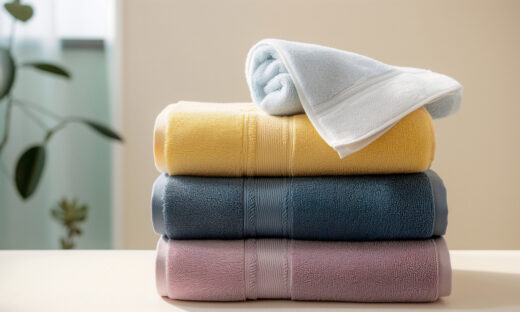 Stack of soft bath towels on table against blurred background. Space for text