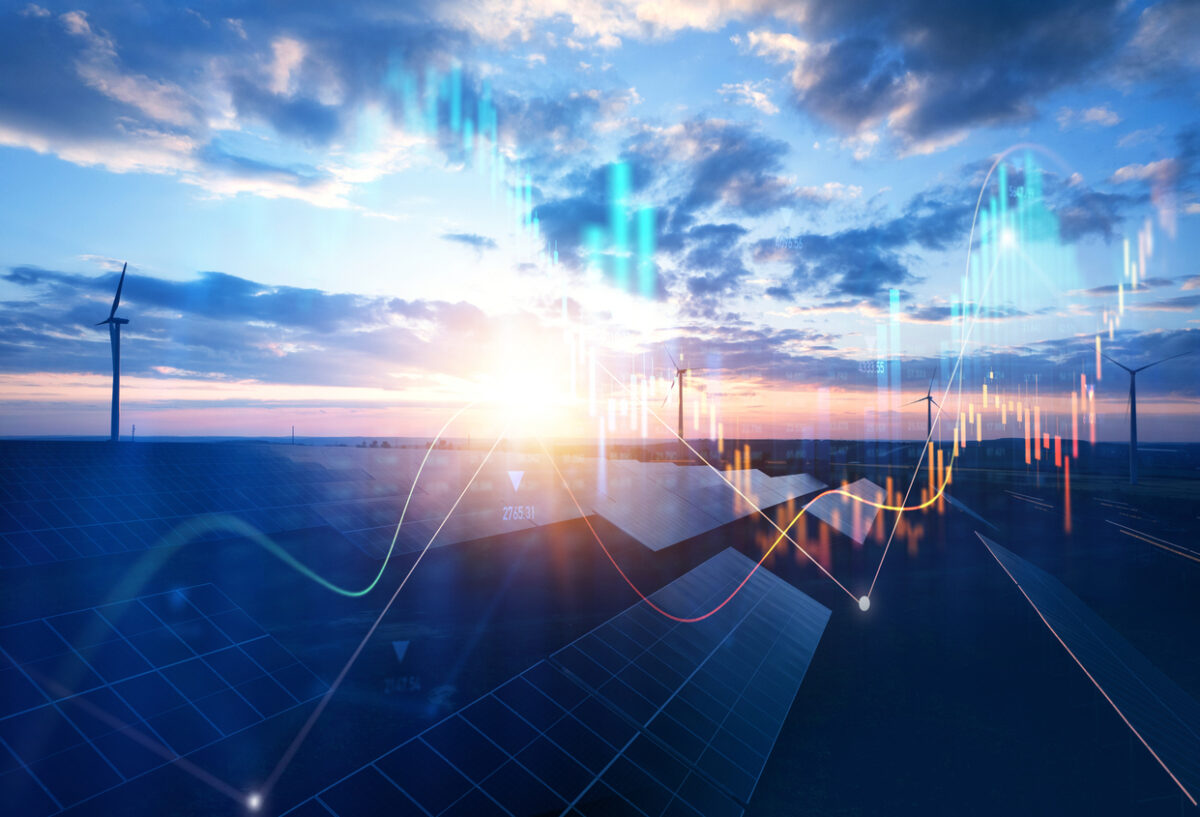 Photovoltaic power station with double exposure of digital financial chart graphs and stock market.