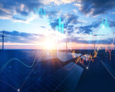 Photovoltaic power station with double exposure of digital financial chart graphs and stock market.