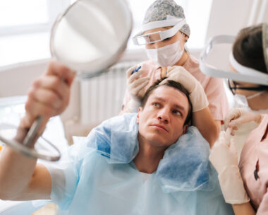 Closeup portrait of male patient with hair loss problem talking with female trichologist marking who with pencil new hairline on head before hair transplantation surgery. Concept of baldness treatment