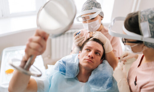 Closeup portrait of male patient with hair loss problem talking with female trichologist marking who with pencil new hairline on head before hair transplantation surgery. Concept of baldness treatment