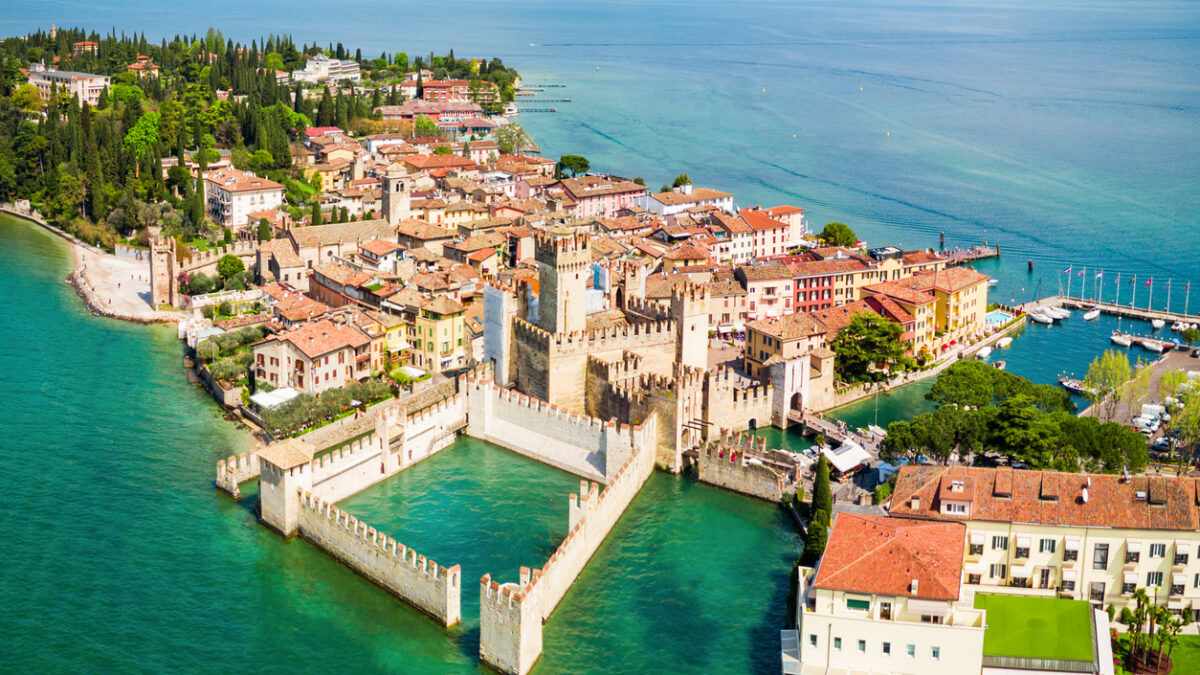 Scaligero Castle aerial panoramic view. Scaligero Castle is a fortress in the historical center of Sirmione town at the Garda Lake in Italy