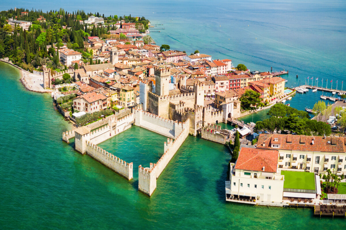 Scaligero Castle aerial panoramic view. Scaligero Castle is a fortress in the historical center of Sirmione town at the Garda Lake in Italy