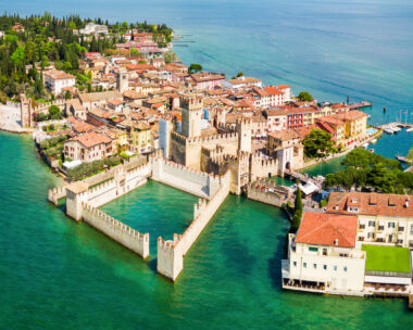 Scaligero Castle aerial panoramic view. Scaligero Castle is a fortress in the historical center of Sirmione town at the Garda Lake in Italy