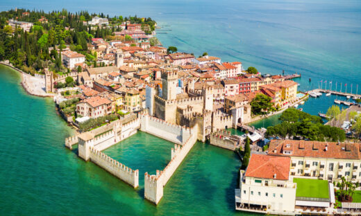 Scaligero Castle aerial panoramic view. Scaligero Castle is a fortress in the historical center of Sirmione town at the Garda Lake in Italy