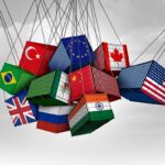 USA versus China India Canada and European union as American tariffs with opposing cargo freight containers in conflict as an economic dispute over import and exports