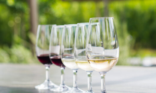 Wine tasting in Stellenbosch, South Africa. From the front: blanc de noir, chardonnay, sauvignon blanc, merlot, cabernet sauvignon.