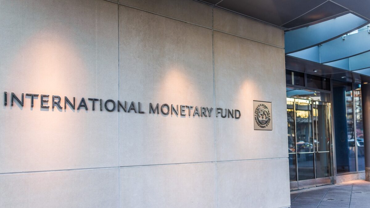 IMF entrance with sign of International Monetary Fund and logo