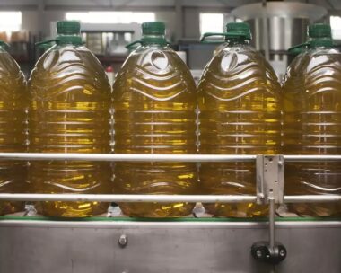 Bottling plant, row of large plastic bottles filled with olive oil.