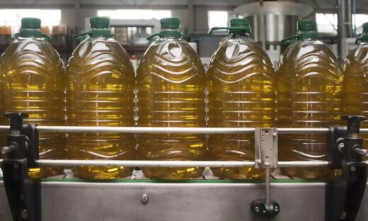 Bottling plant, row of large plastic bottles filled with olive oil.