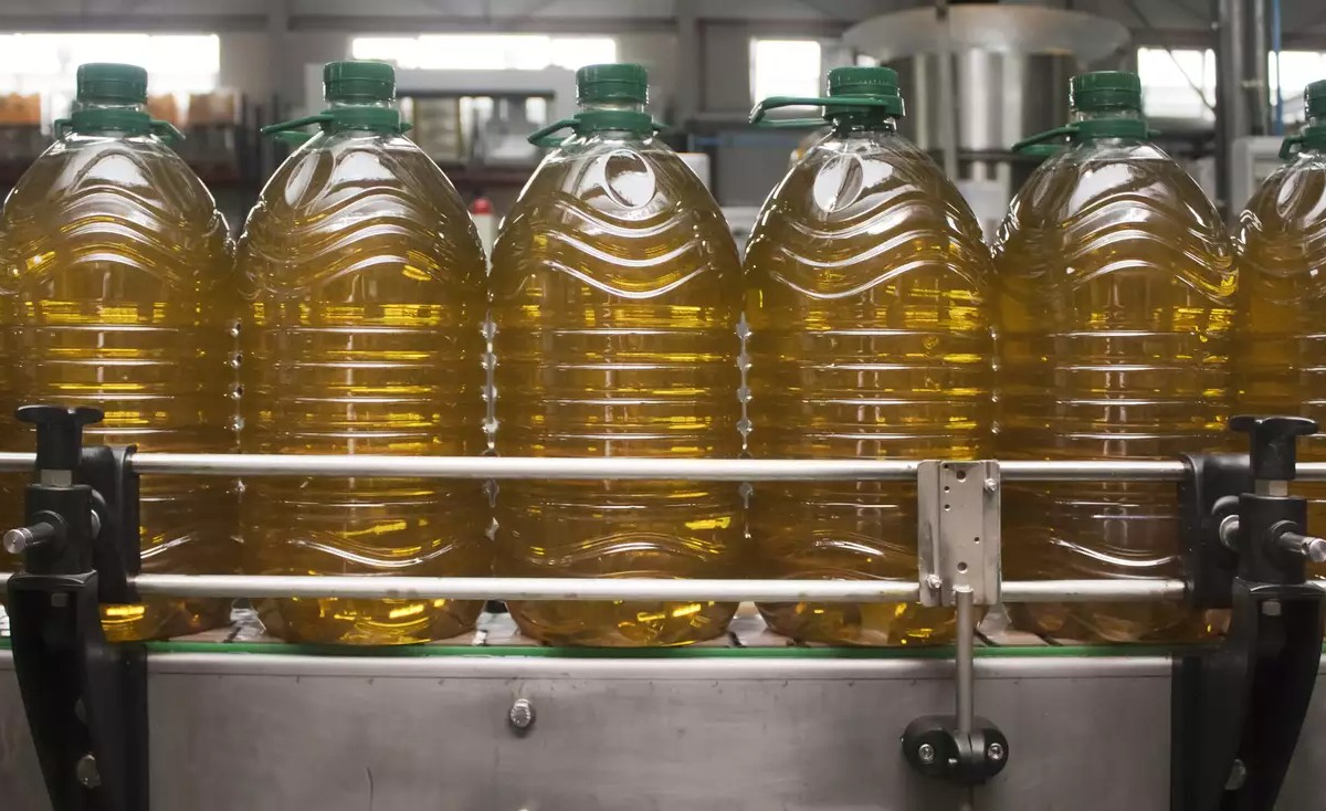 Bottling plant, row of large plastic bottles filled with olive oil.