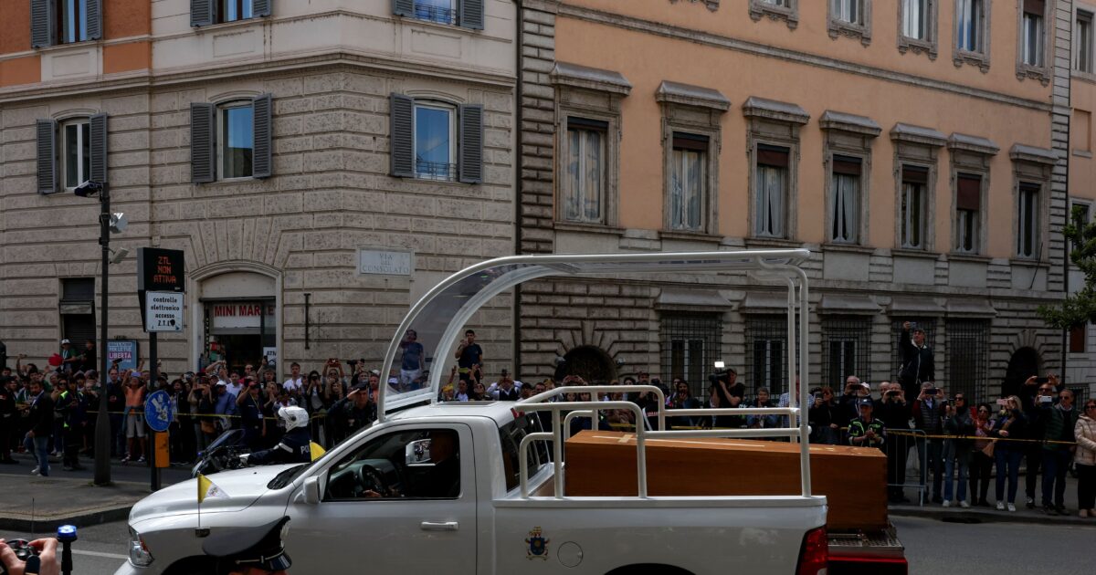 Popemobile, the white car carrying Pope Francis’ coffin to Santa Maria Maggiore where he will be buried