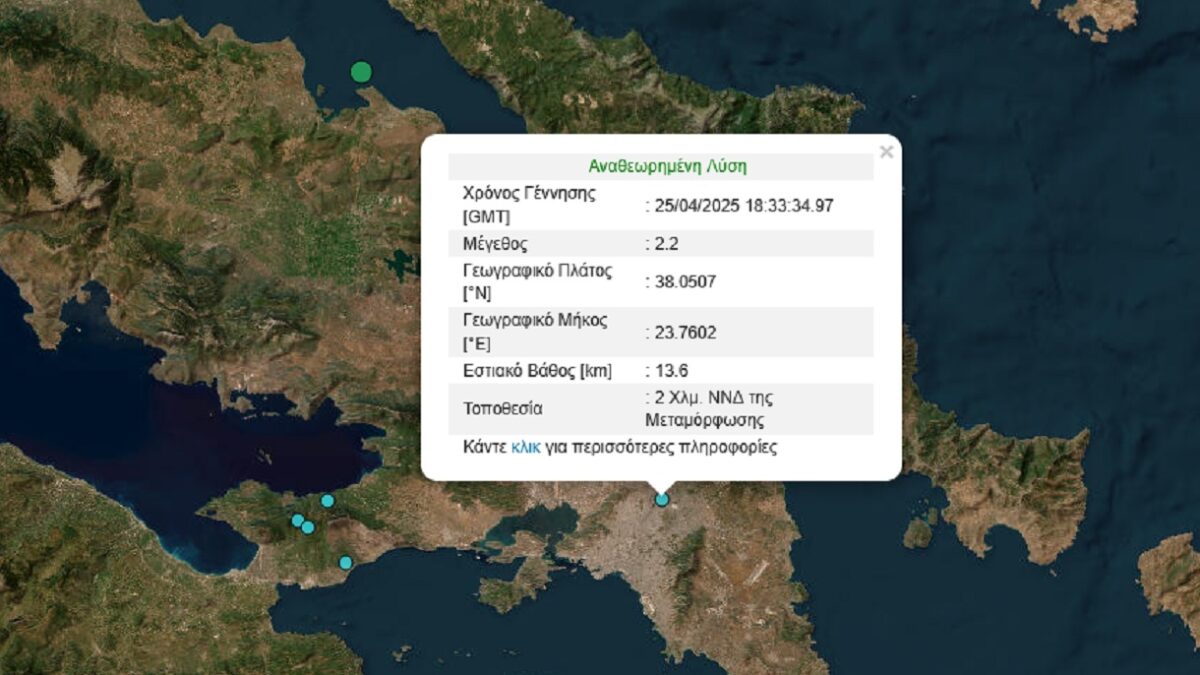 Σεισμός 2,2 Ρίχτερ στη Μεταμόρφωση, αισθητός στα βόρεια προάστια της Αθήνας